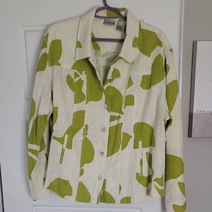 Chico's Green and Cream Blazer with Artistic Print